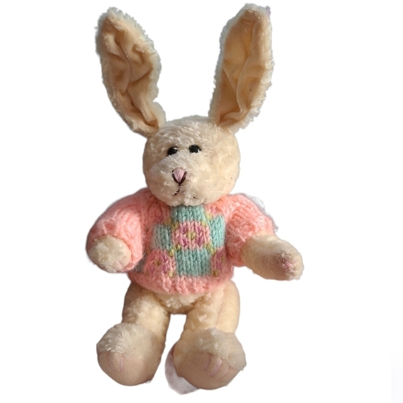 Vintage 1997 CHRISHA PLAYFUL BUNNY RABBIT IN EASTER SWEATER PLUSH STUFFED ANIMAL - Picture 1 of 2